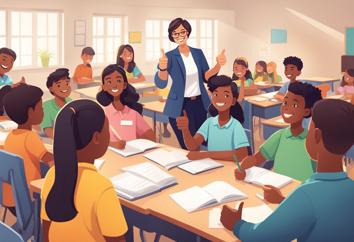 A teacher smiling and giving a thumbs-up to a group of students working together, while parents and guardians are seen chatting and laughing with the teacher in a school setting