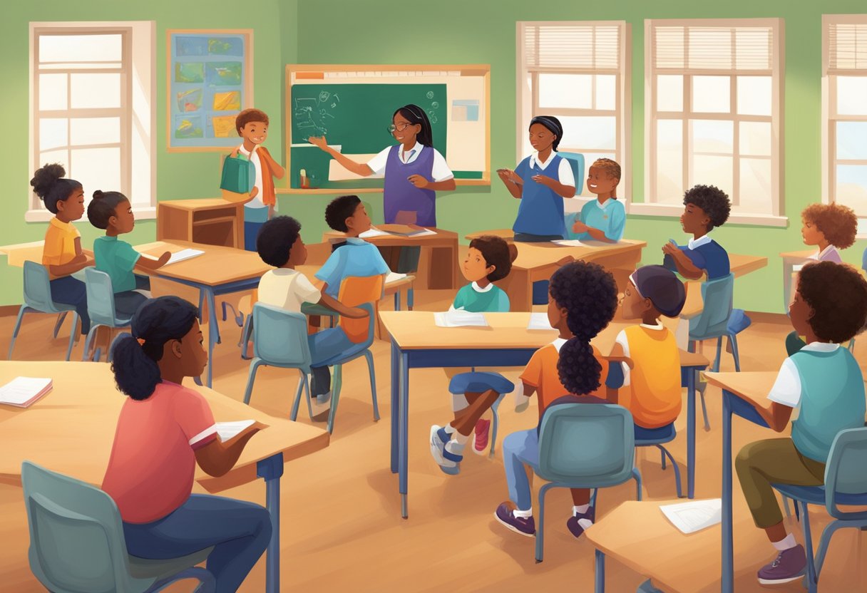 A diverse group of students engage in respectful discussions, surrounded by symbols of inclusion and acceptance. The classroom exudes warmth and safety