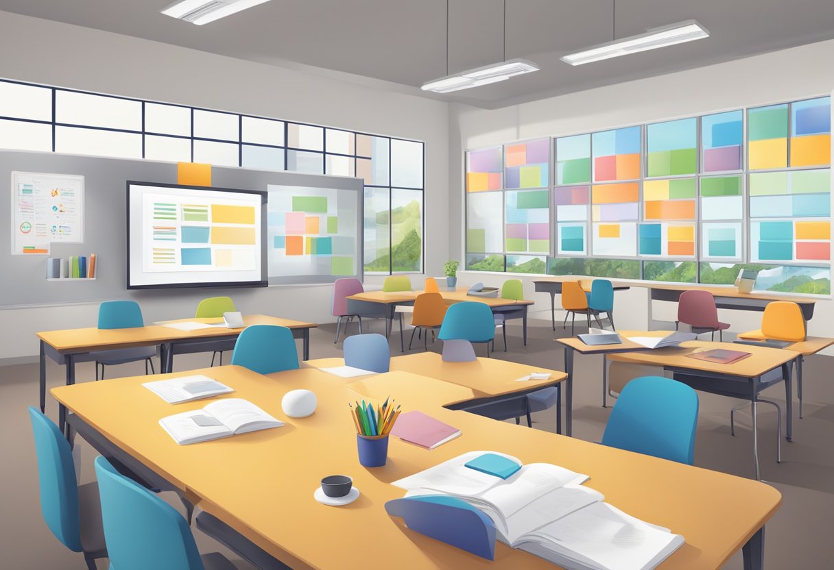 A classroom with diverse learning materials and technology, organized around the Understanding by Design framework