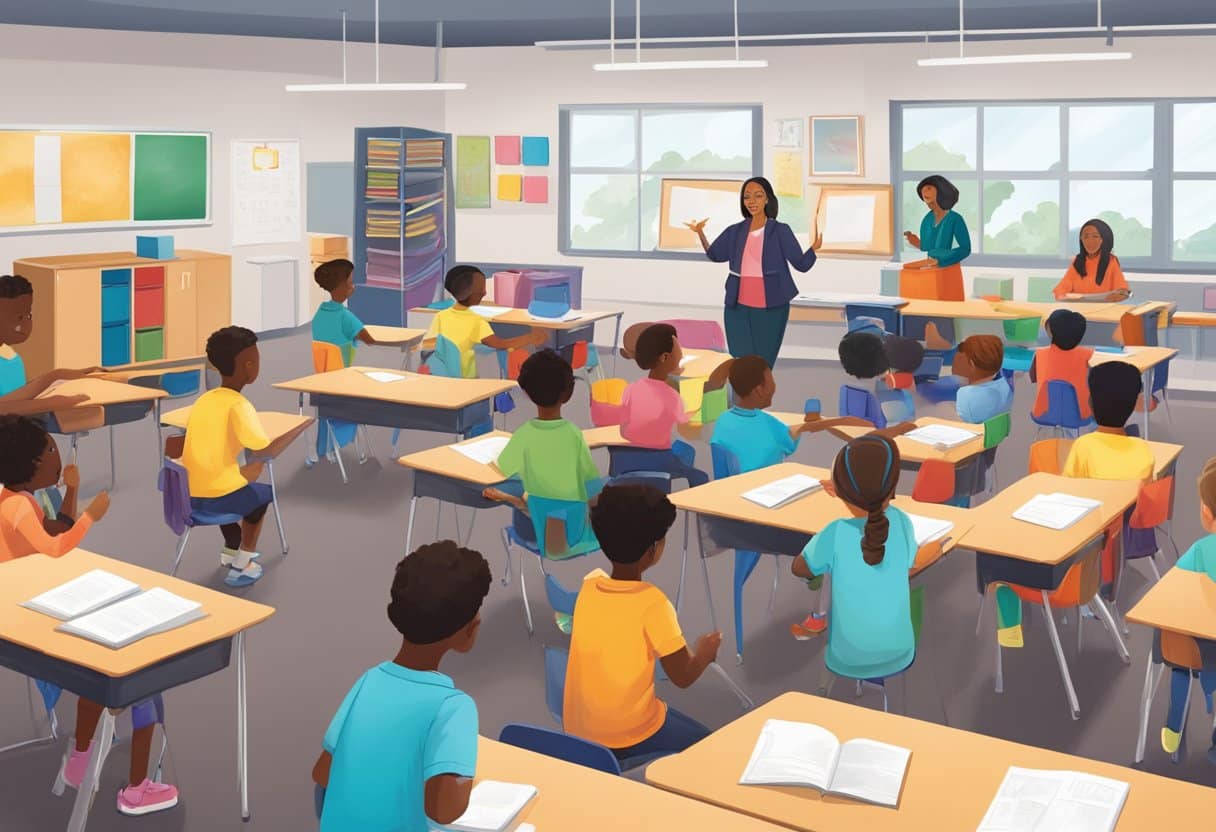 A classroom with diverse materials, students engaged in hands-on activities, and a teacher facilitating arts integration in lesson plans