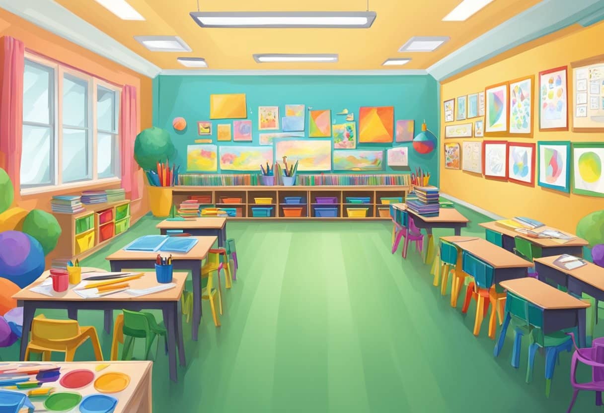A colorful classroom with art supplies organized and displayed. Students' artwork decorates the walls. A teacher incorporates art into lesson plans
