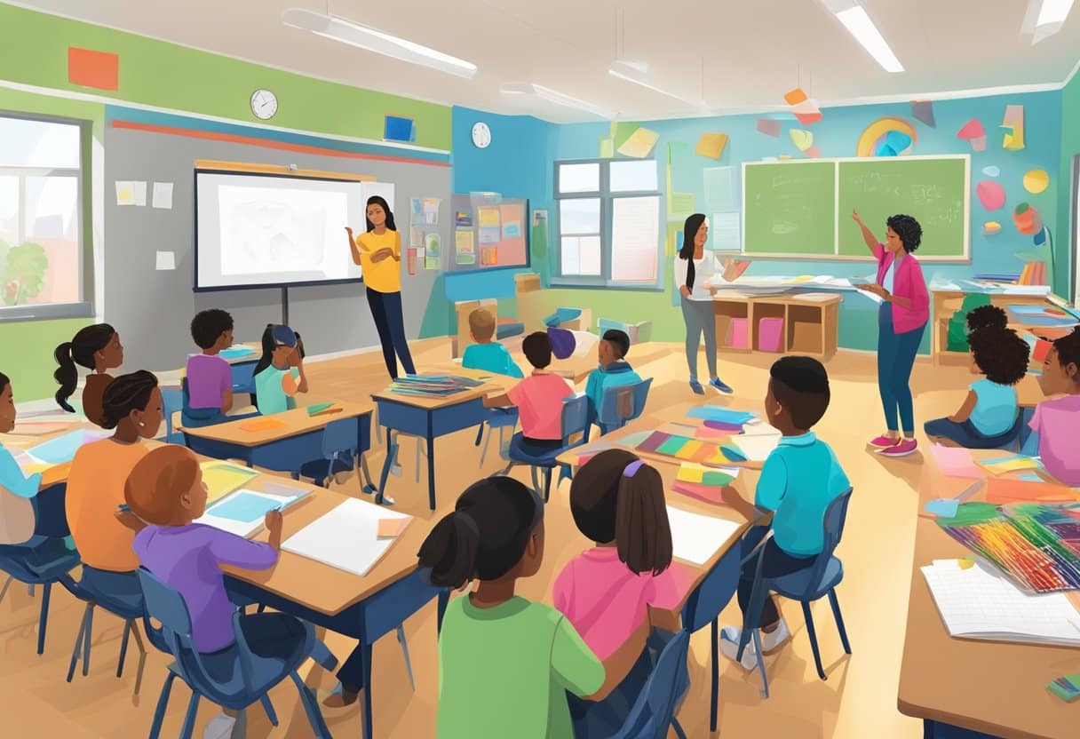 A classroom with diverse art supplies arranged on tables, students engaged in hands-on activities, and a teacher leading a discussion on integrating art into lesson plans