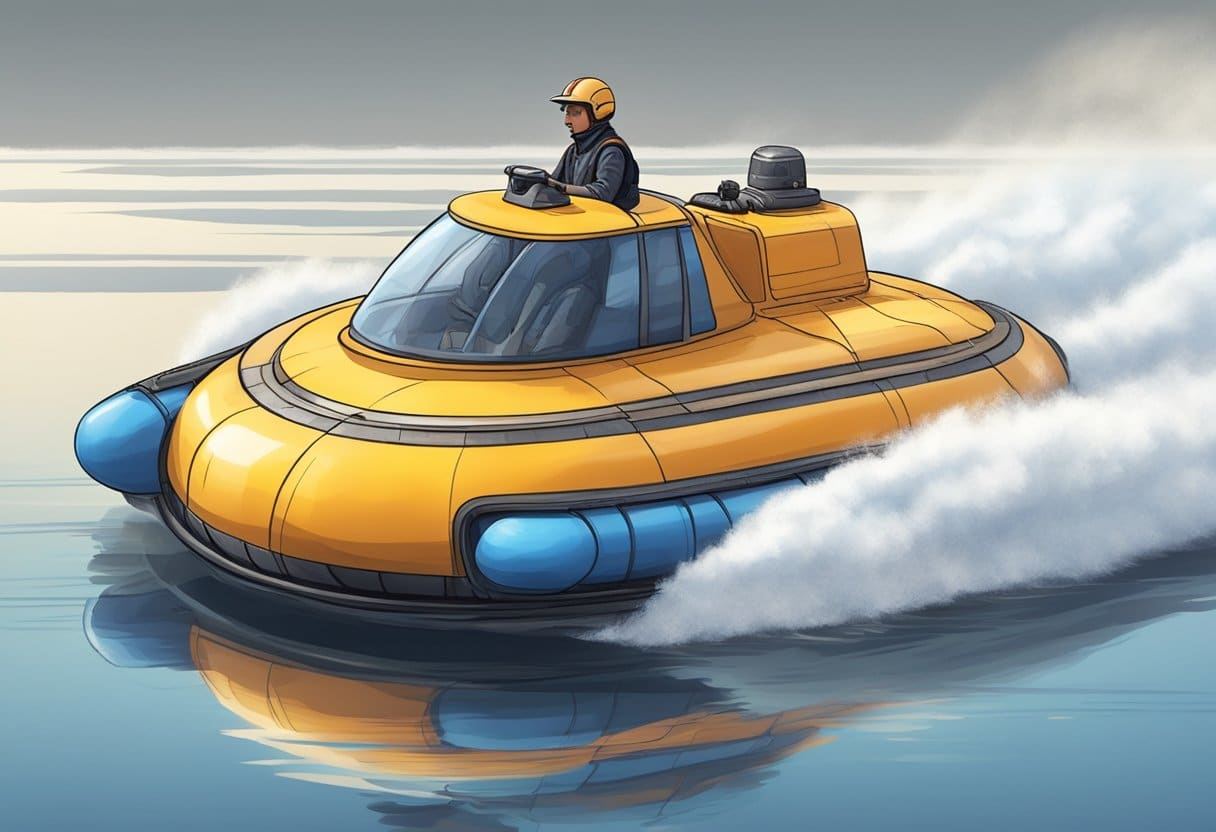 A homemade hovercraft glides across a smooth surface, demonstrating the principles of friction and air pressure under the supervision of a safety-conscious instructor