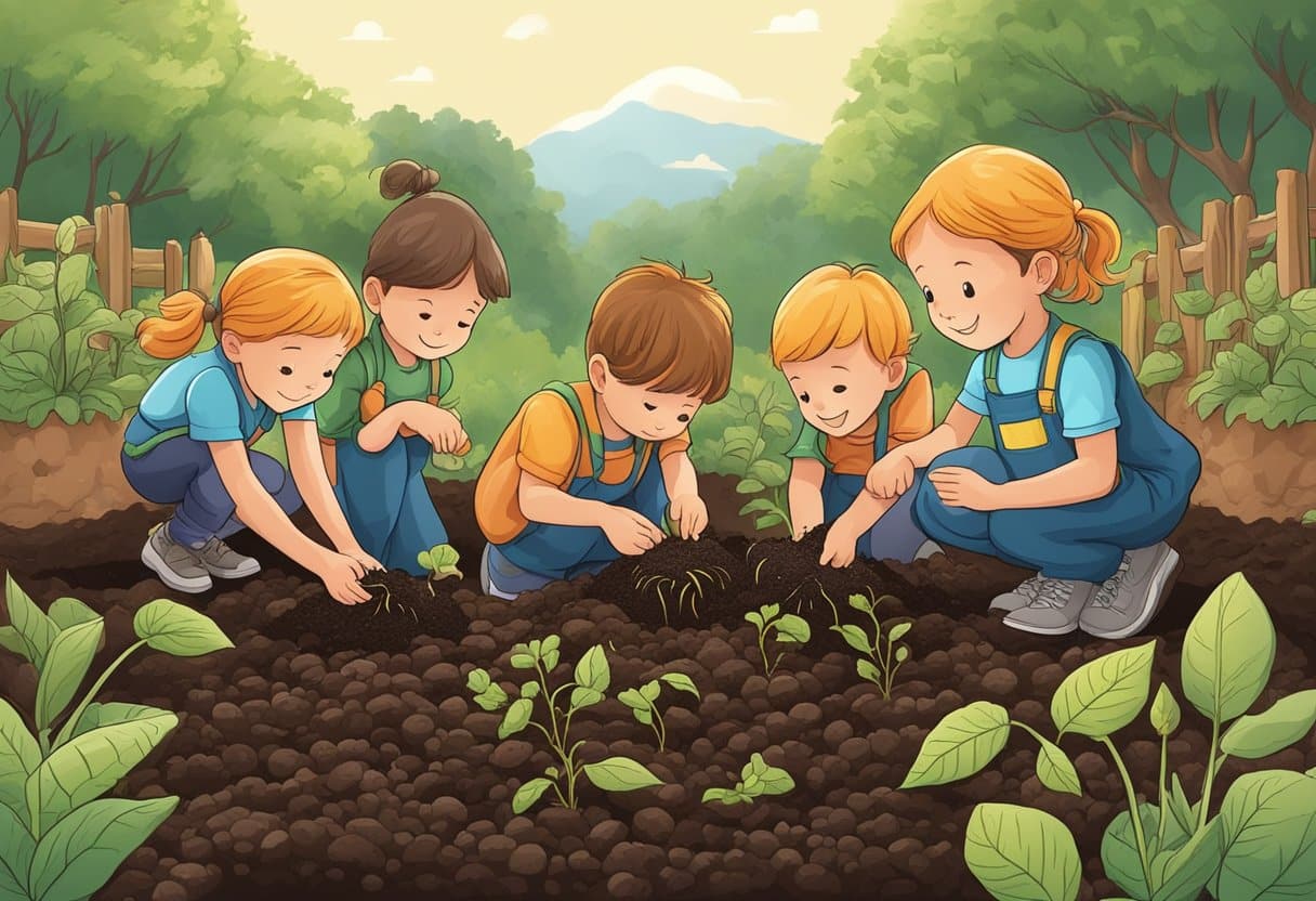 A group of children planting seeds in rich, dark soil, observing earthworms and microorganisms. A healthy plant grows nearby, showcasing the importance of soil health