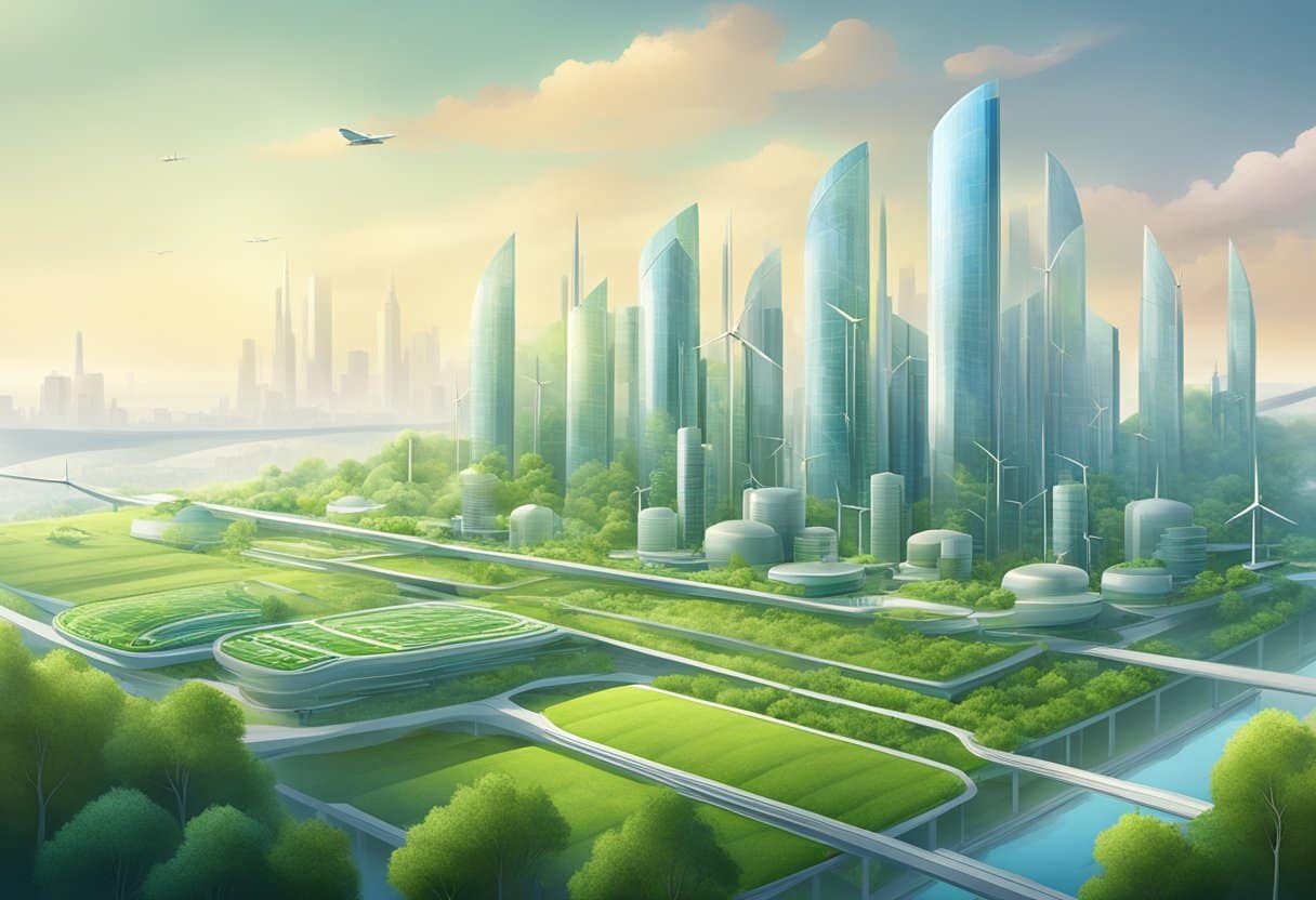 A futuristic city skyline with sleek, eco-friendly textile factories emitting minimal carbon emissions. Renewable energy sources power the facilities, while greenery and sustainable materials integrate seamlessly into the urban landscape