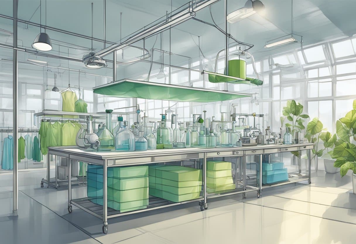 A laboratory setting with eco-friendly textiles and scientific equipment, showcasing transparency and collaboration in sustainable fashion
