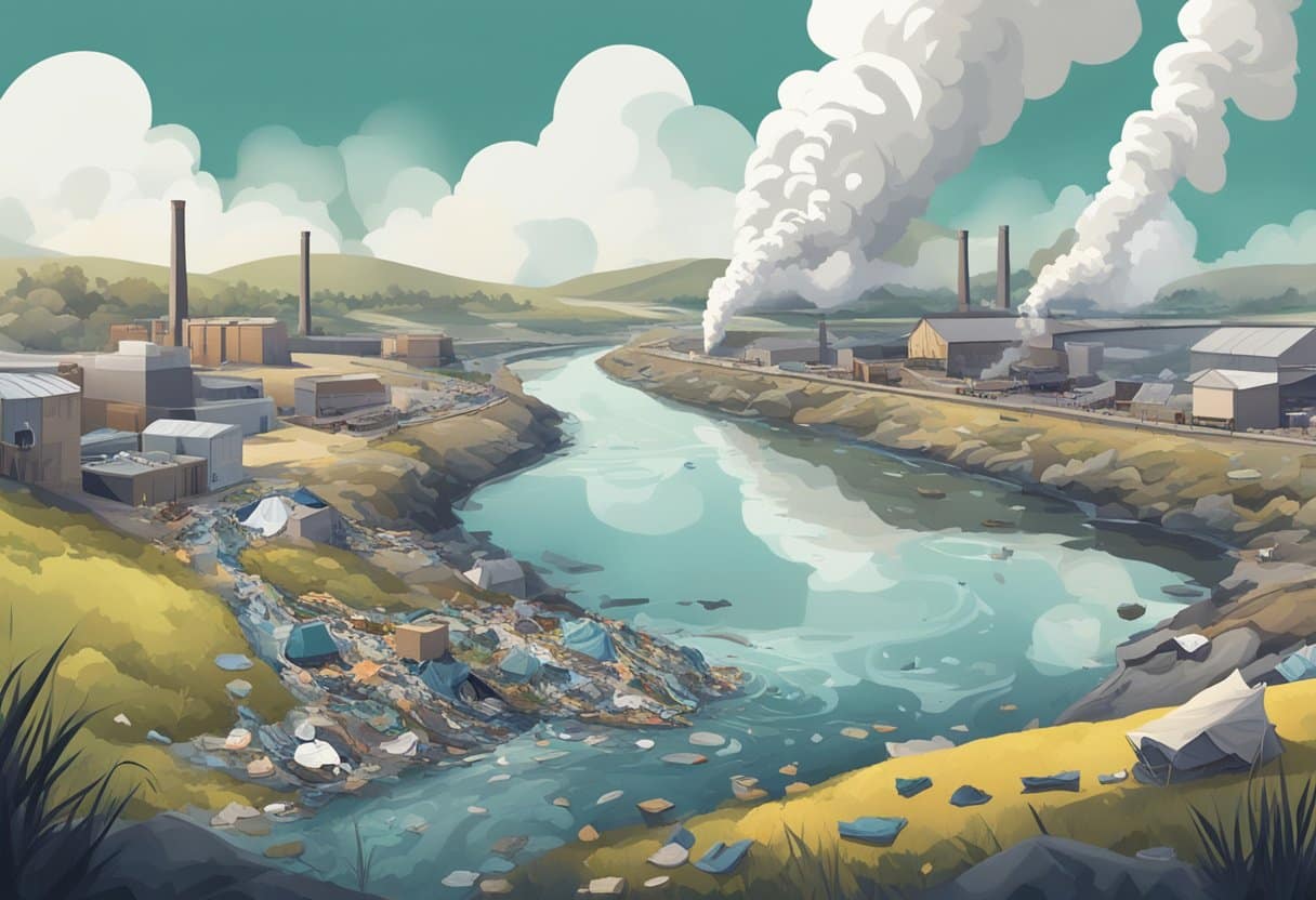 A polluted river flows through a landscape littered with discarded clothing and textile waste. Smoke billows from factories in the background, contributing to the environmental impact of fast fashion