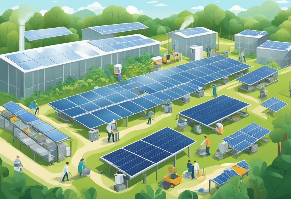 A bustling textile factory with solar panels and recycling bins, surrounded by lush greenery and clean waterways. Textile workers are seen using eco-friendly machinery and sustainable materials