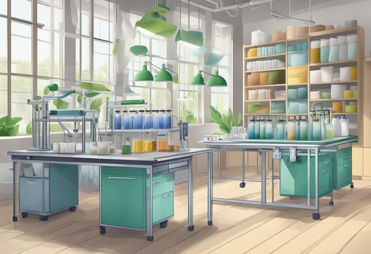 A laboratory setting with sustainable textile samples, research equipment, and educational materials on eco-friendly fashion