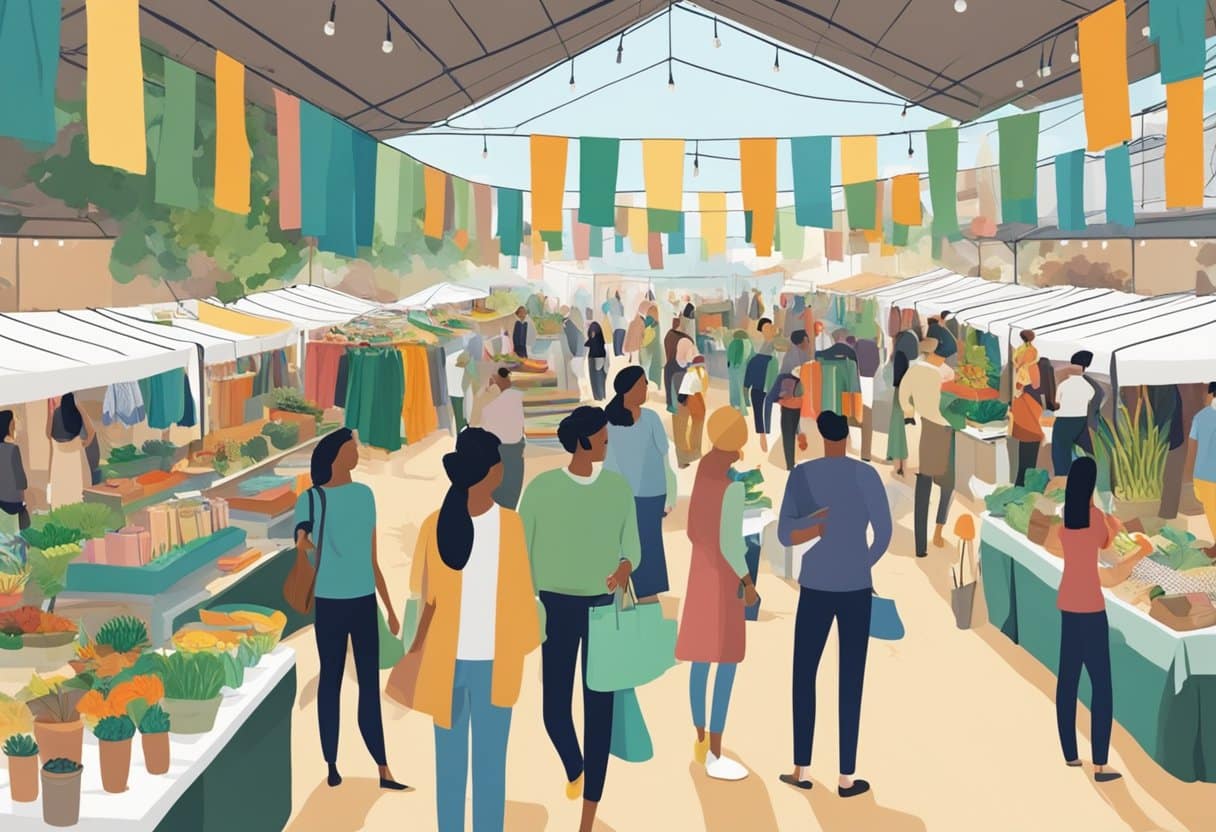 A bustling market with eco-friendly textiles on display. Consumers examine sustainable fashion options while vendors promote their environmentally conscious products