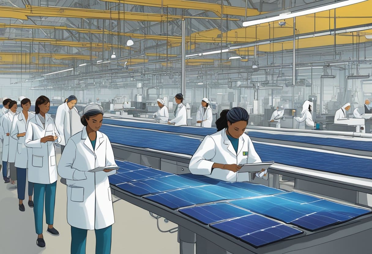 A bustling textile factory, powered by solar panels, produces eco-friendly fabrics from recycled materials, while researchers in lab coats examine sustainable dyeing methods
