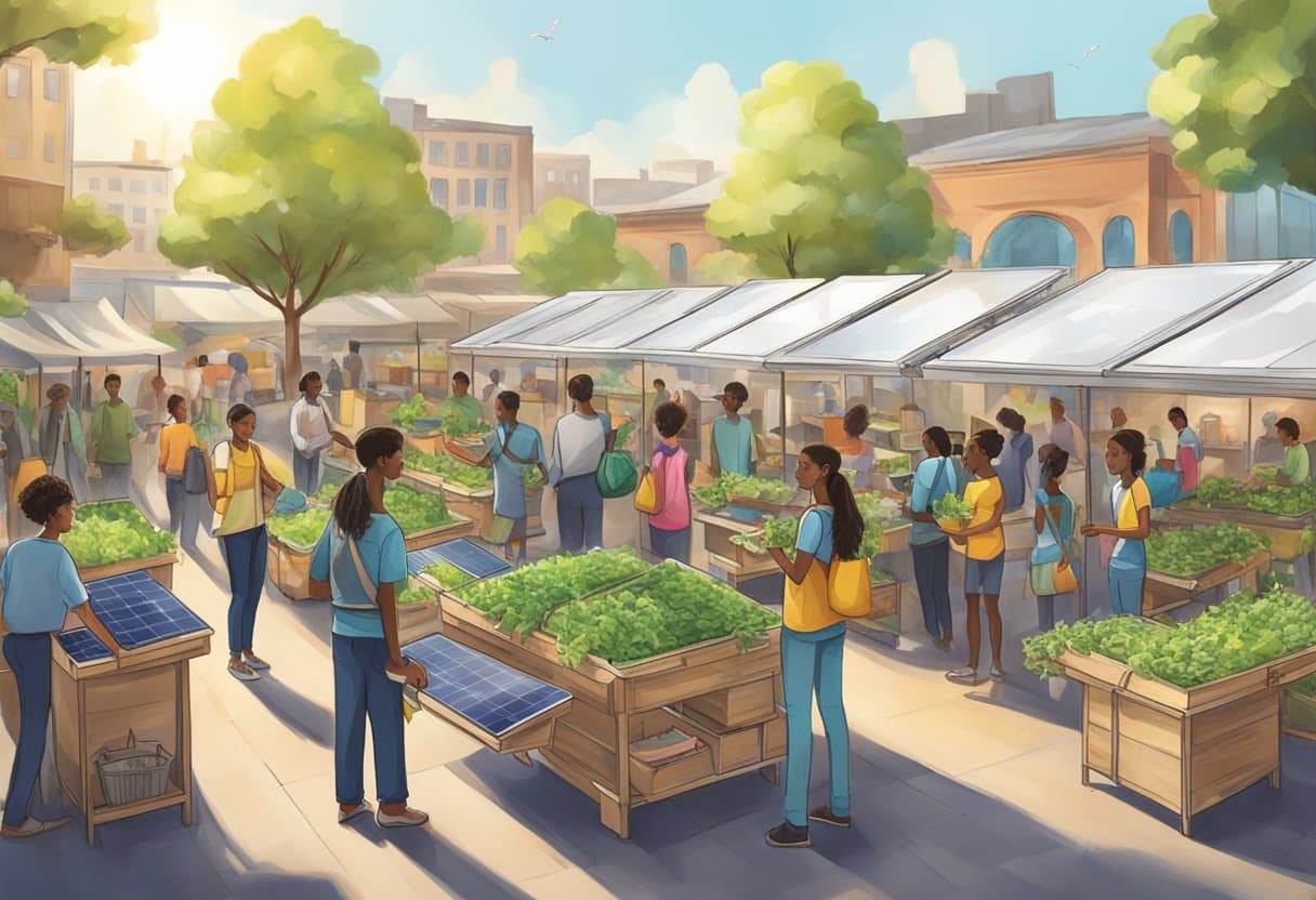 Eco-Friendly Inventions: Fostering Innovation Amongst Young Entrepreneurs Eco-Friendly Inventions, sustainability LearningMole A group of young entrepreneurs showcase eco-friendly inventions at a bustling market. Solar panels, reusable bags, and composting bins are on display