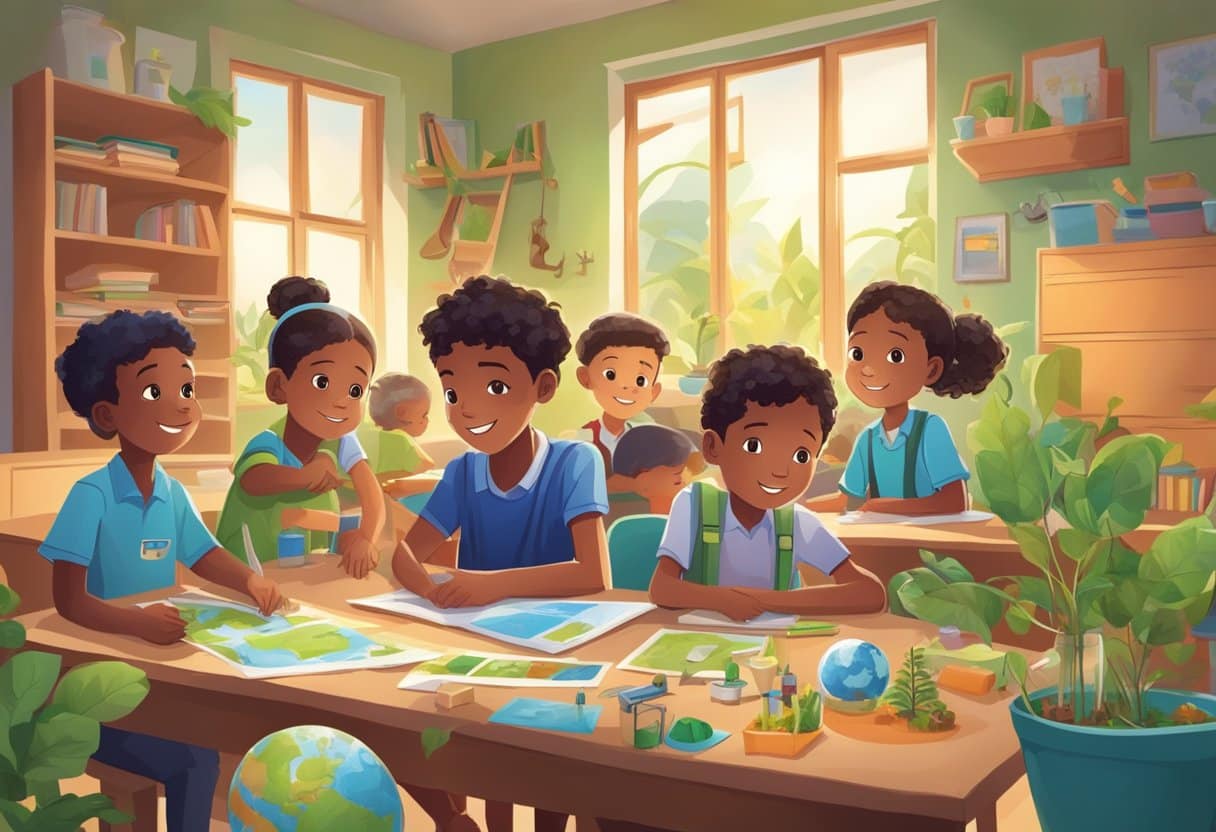 Eco-Friendly Inventions: Fostering Innovation Amongst Young Entrepreneurs Eco-Friendly Inventions, sustainability LearningMole Children surrounded by eco-friendly inventions, learning about sustainable development. A teacher guides them, encouraging young entrepreneurs. The scene is filled with creativity and excitement