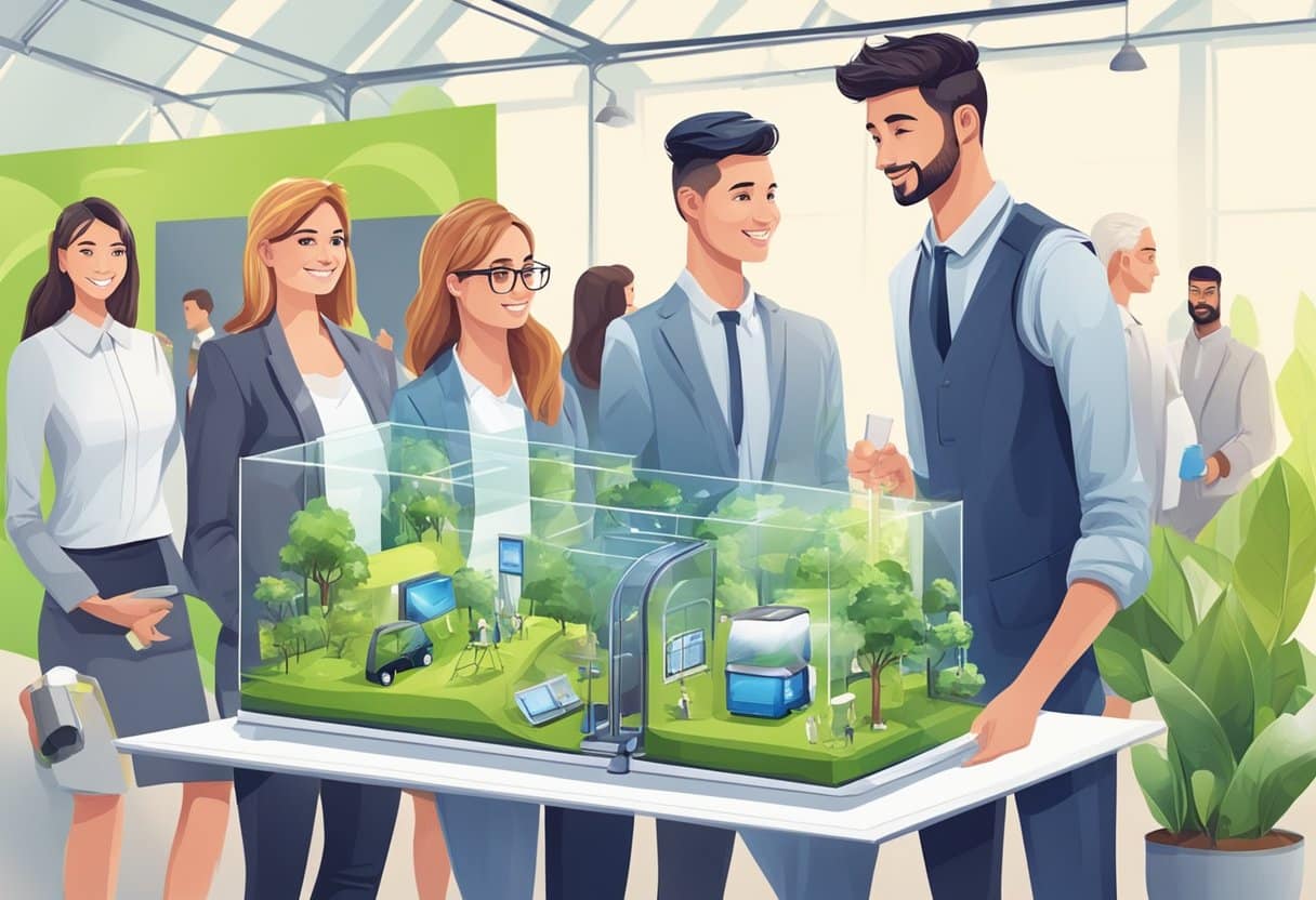 Eco-Friendly Inventions: Fostering Innovation Amongst Young Entrepreneurs Eco-Friendly Inventions, sustainability LearningMole A group of young entrepreneurs showcase eco-friendly inventions at a business expo, attracting investors and customers