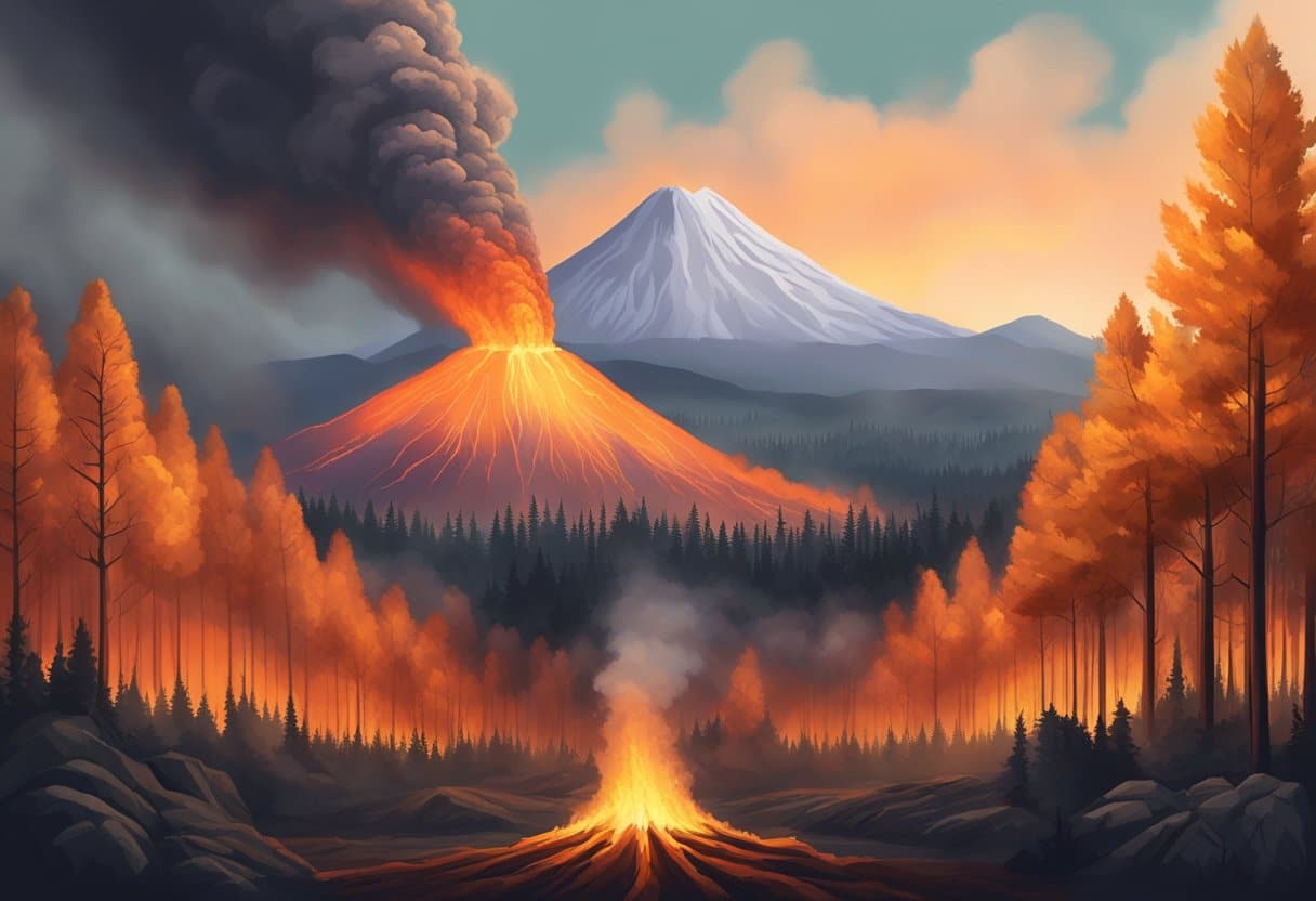 A raging wildfire spreads through the forest, while a volcano erupts, sending plumes of ash and lava into the air
