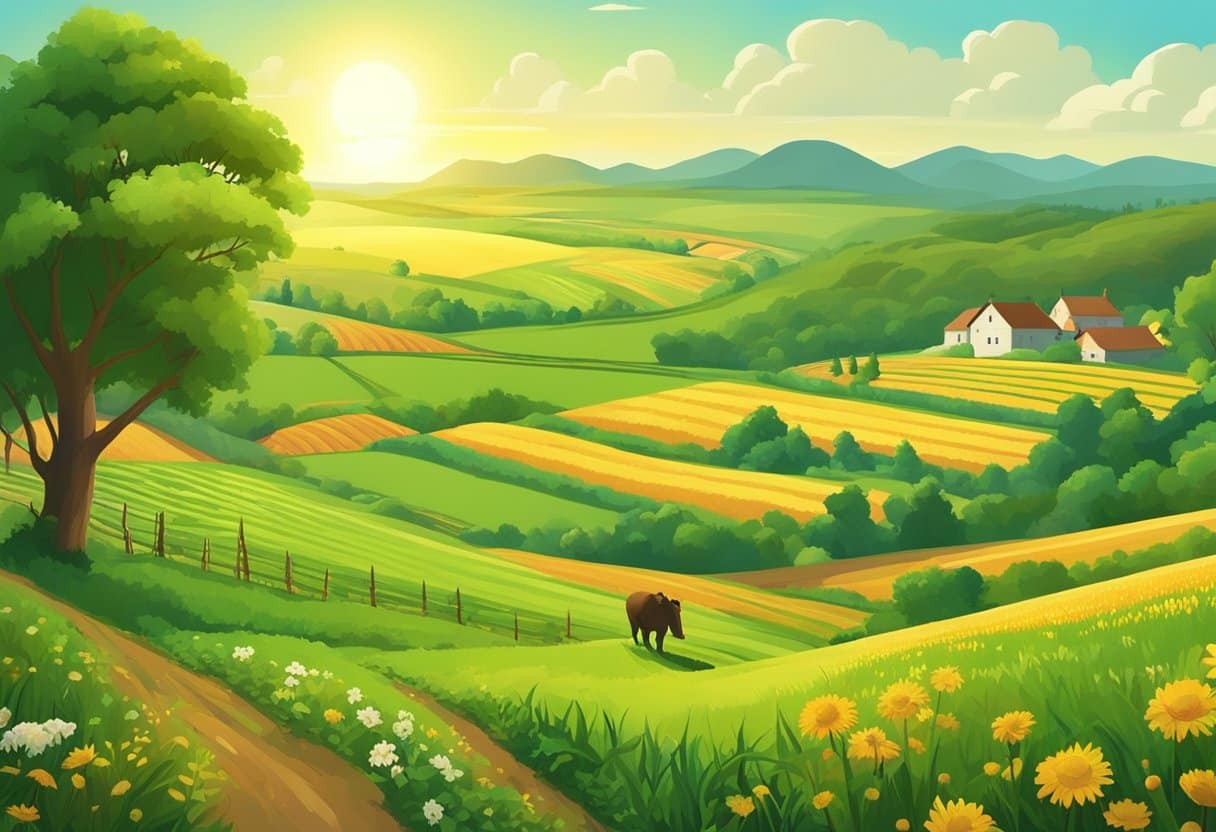 A diverse landscape with fields of crops, grazing animals, and patches of forest. The sun shines down on the lush, green scenery, showcasing the balance between agriculture and natural habitats