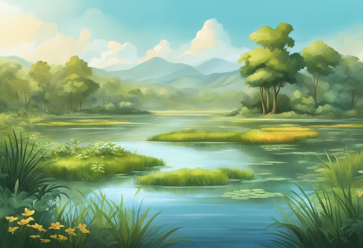 A serene wetland teeming with diverse plant and animal life, surrounded by lush greenery and flowing water
