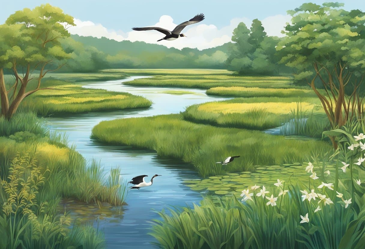 Lush wetland with diverse plant life, waterfowl in flight, and a flowing stream. Reflects the importance of wetlands for biodiversity and conservation efforts
