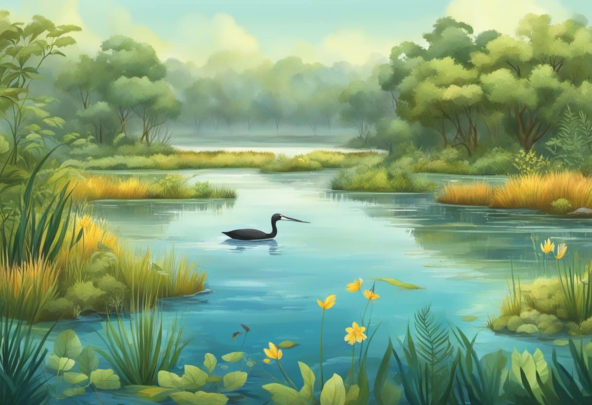 A wetland teeming with diverse plant and animal life, surrounded by a variety of ecosystems, showcasing the importance of wetlands for conservation projects