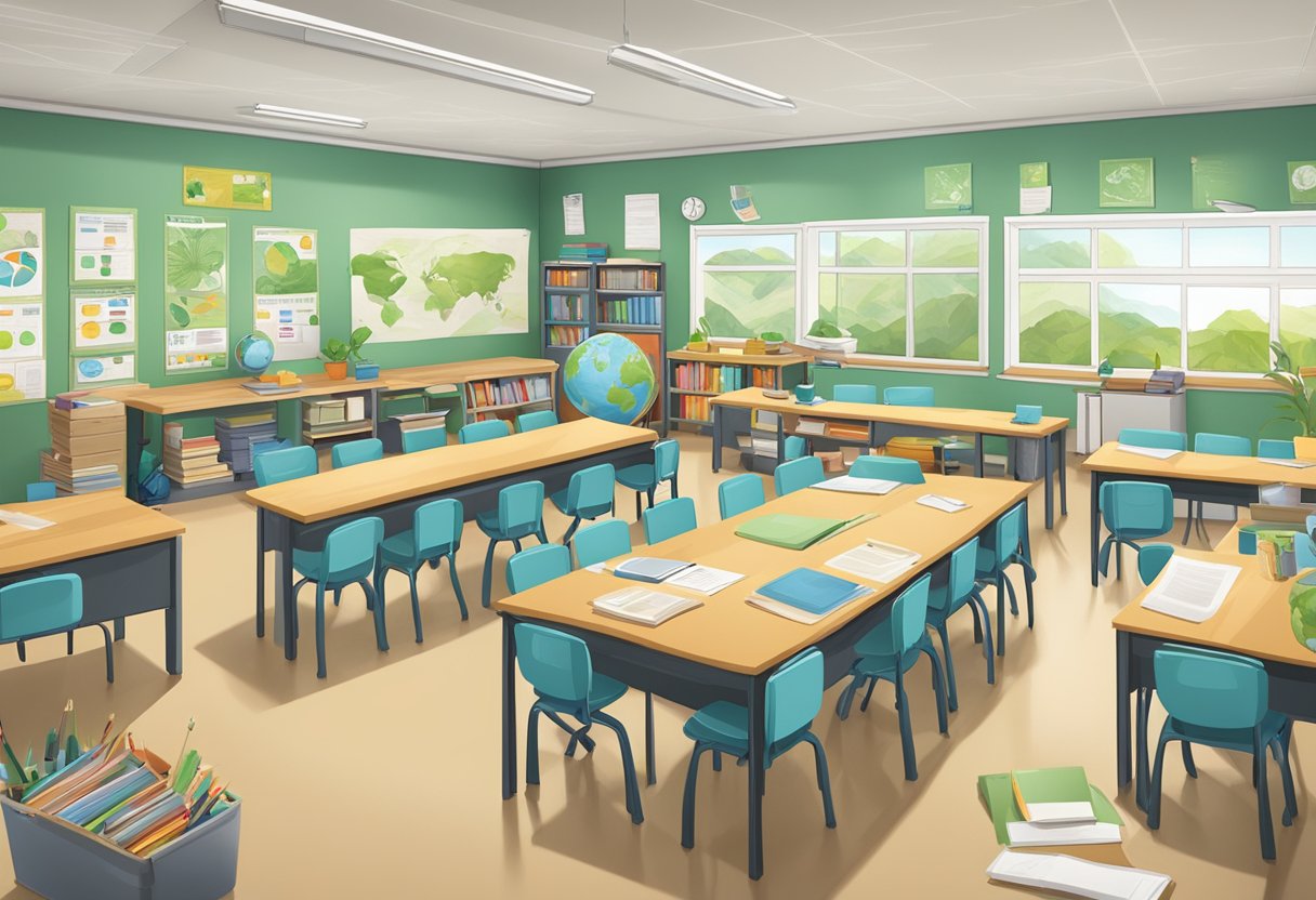 Teaching Sustainability: Professional Development Programmes for Eco-Conscious Primary Educators teaching sustainability, classroom, environment LearningMole A classroom filled with eco-friendly teaching materials and resources, such as recycled paper, reusable containers, and educational posters on sustainability