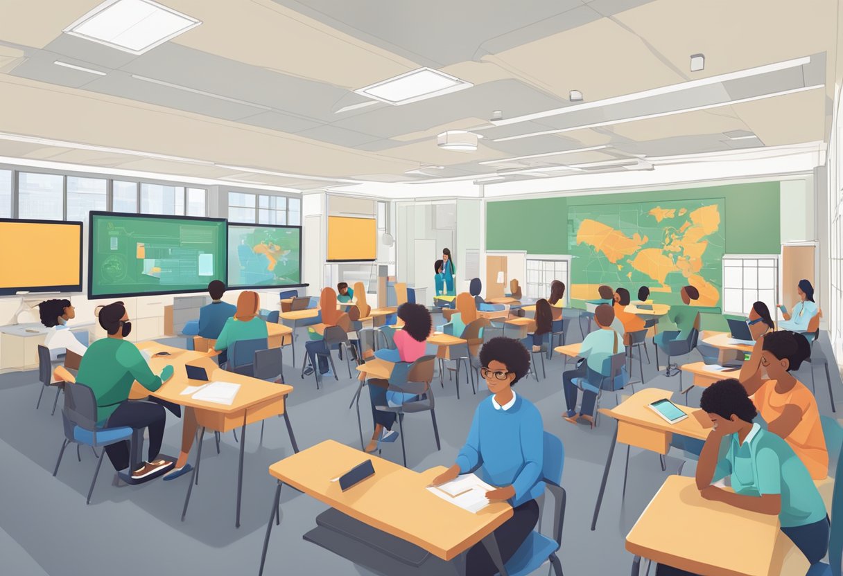 A classroom filled with interactive technology and collaborative learning spaces, with teachers engaged in virtual professional development sessions