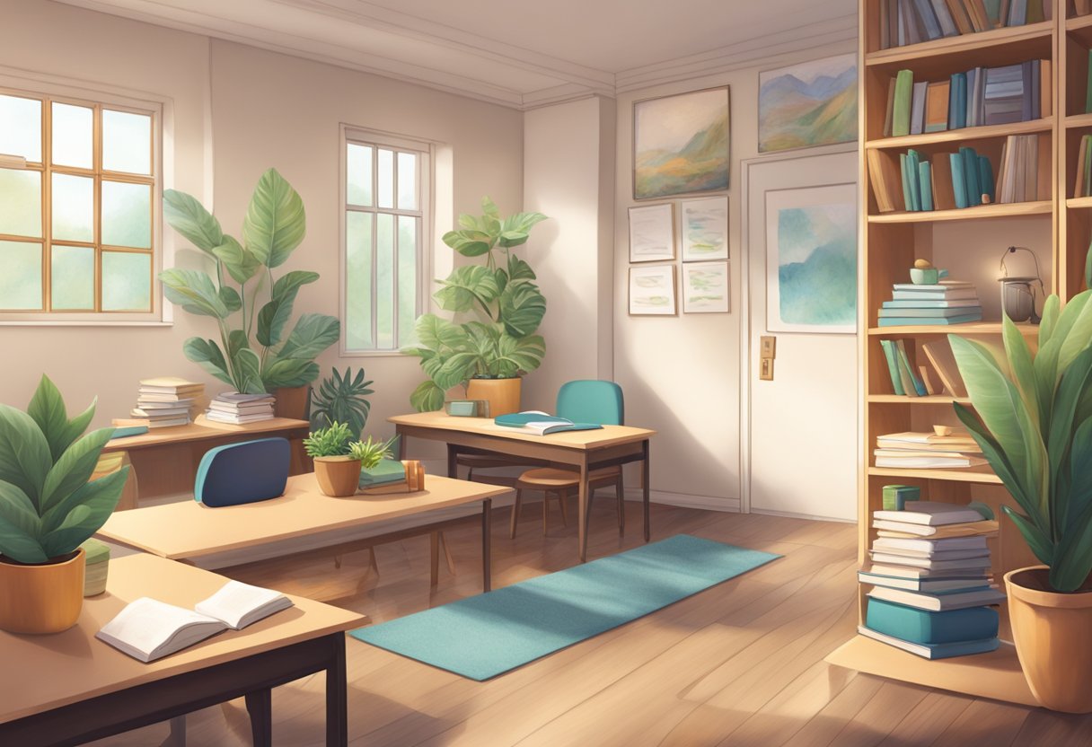 A serene classroom with books, plants, and calming decor. A cozy nook for teachers to relax and recharge, surrounded by supportive resources and professional development materials