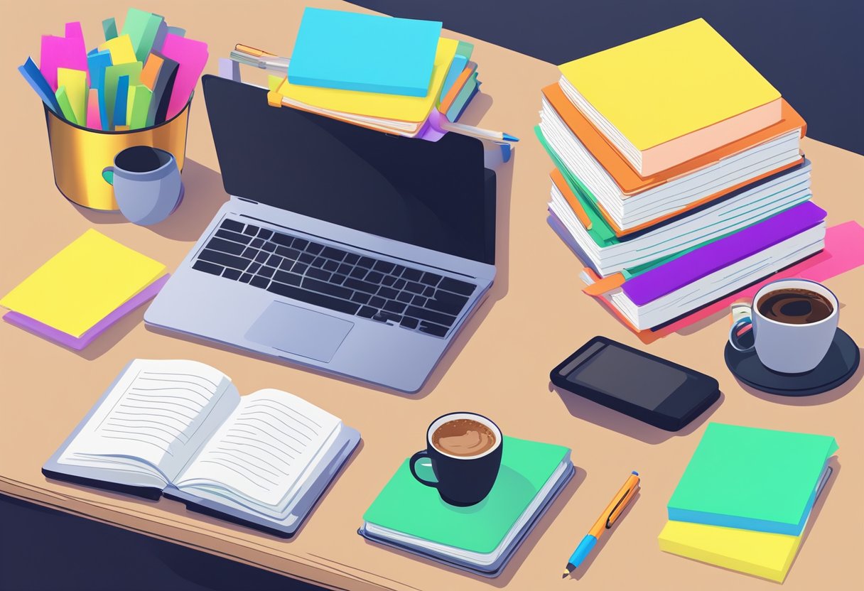 Interactive Learning Strategies: Boosting Student Involvement in Primary Schools Interactive learning, Education LearningMole A stack of books and a laptop on a desk, with colorful sticky notes and highlighters scattered around. A cup of coffee sits nearby
