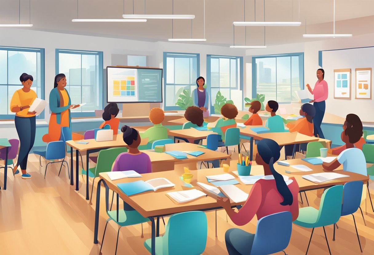 Cultivating Emotional Intelligence: Strategies for Primary Educators' Growth Emotional Intelligence LearningMole A classroom setting with colorful learning materials, a calm and organized environment, and educators engaged in collaborative discussions and reflective activities