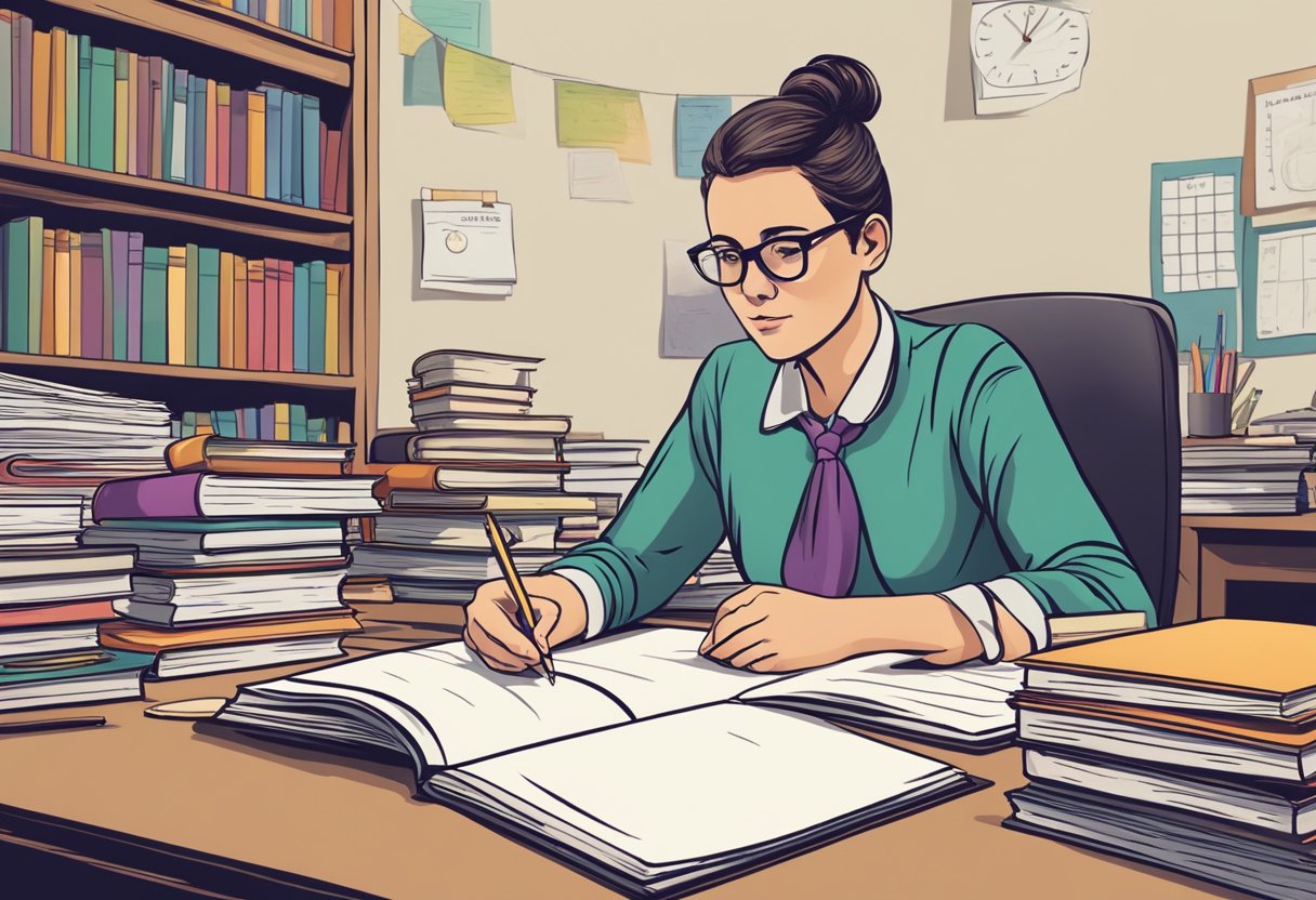 A teacher at a desk, surrounded by books, charts, and a calendar. They are deep in thought, with a determined expression, mapping out lesson plans and strategies for their students' success