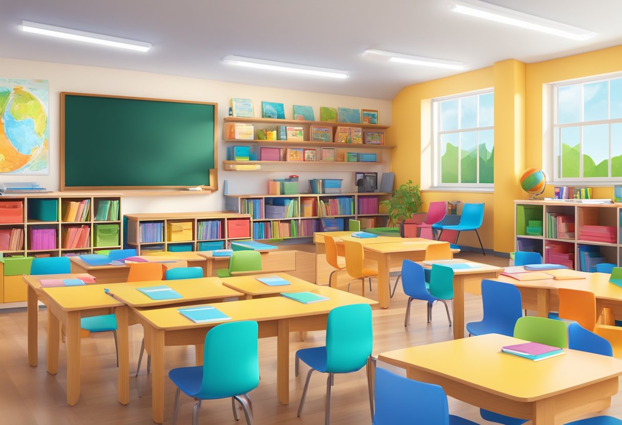 A colorful classroom with interactive displays, flexible seating, and natural lighting. Books, educational materials, and technology are strategically placed for easy access