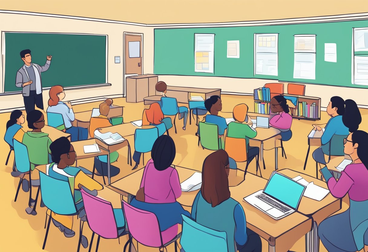 A classroom setting with a group of primary educators engaged in expert-led professional development discussions. Books, teaching materials, and technology are visible