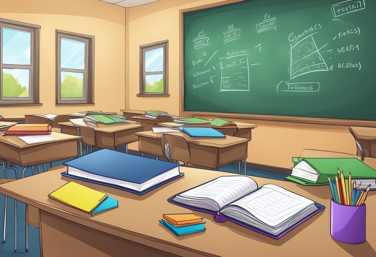 Navigating Common Core: A Guide for Primary School Teachers' Professional Growth common core,Primary School LearningMole A classroom with a blackboard displaying Common Core standards, books on professional development, and educational resources scattered on a desk
