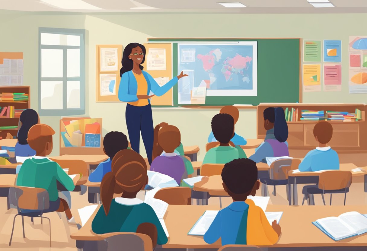 A classroom setting with books, charts, and educational materials displayed. A teacher stands at the front, engaging with students