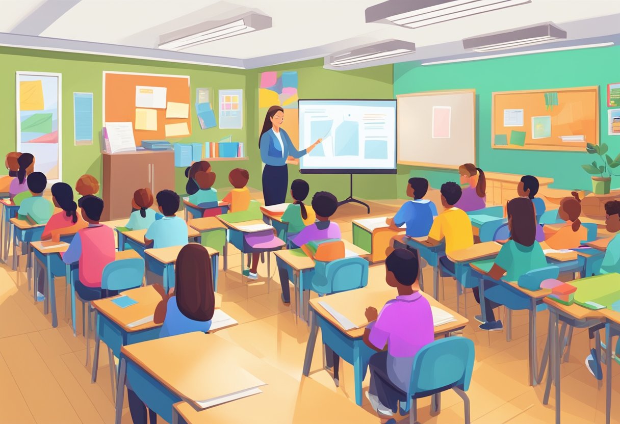 A classroom filled with engaged students, colorful educational materials, and a teacher facilitating interactive learning activities