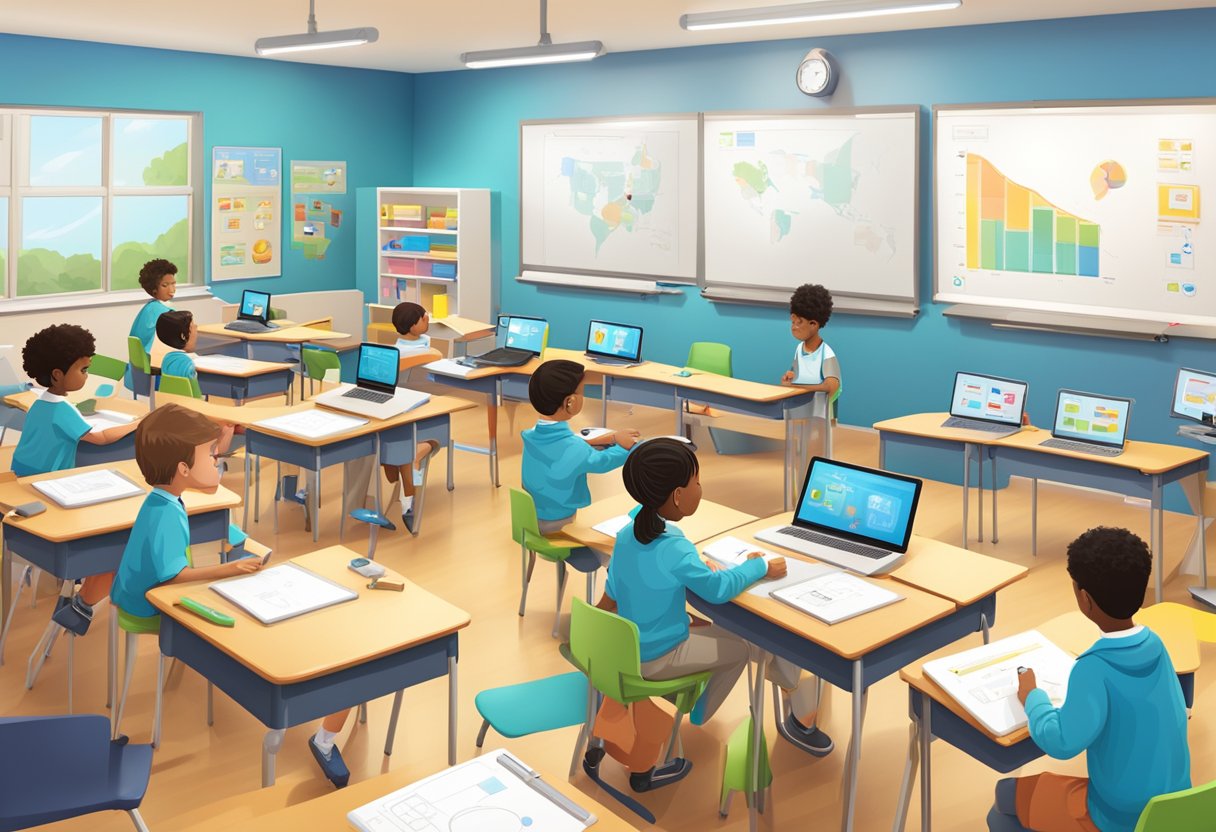A classroom filled with interactive whiteboards, tablets, and robotics kits, showcasing the integration of technology in primary education