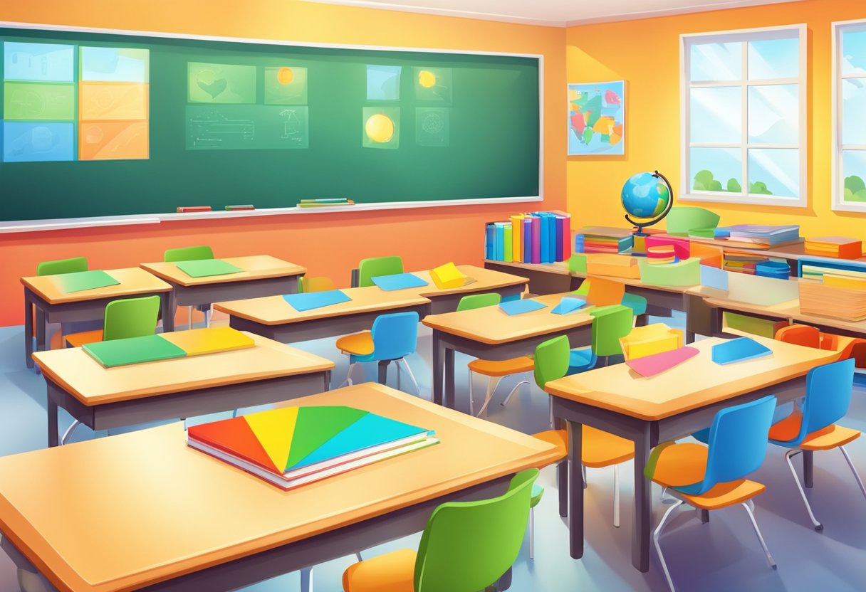 A colorful classroom with diverse learning materials and interactive tools for primary school students