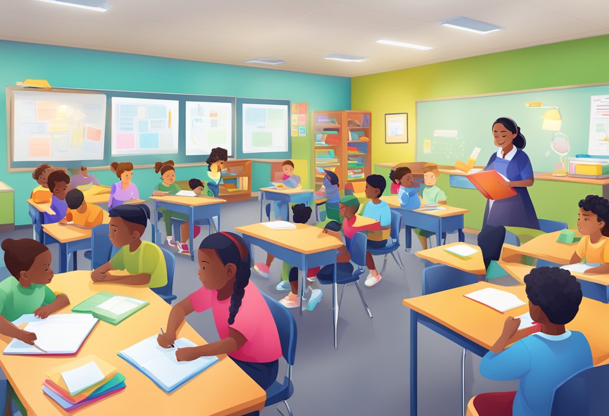 A classroom filled with colorful and engaging teaching materials, with students actively participating in hands-on learning activities