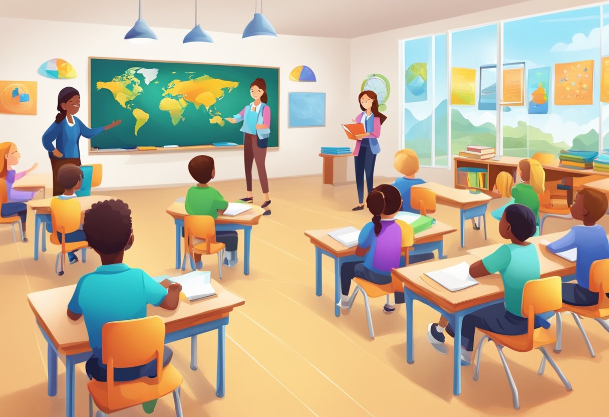 A classroom setting with colorful educational materials, interactive learning tools, and engaged primary school professionals collaborating and sharing innovative teaching techniques