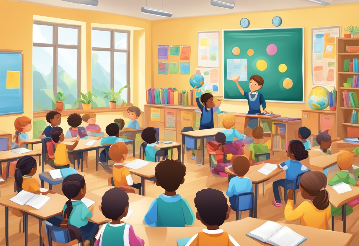 A primary school classroom filled with diverse learning materials and tools, with students engaged in hands-on, collaborative activities