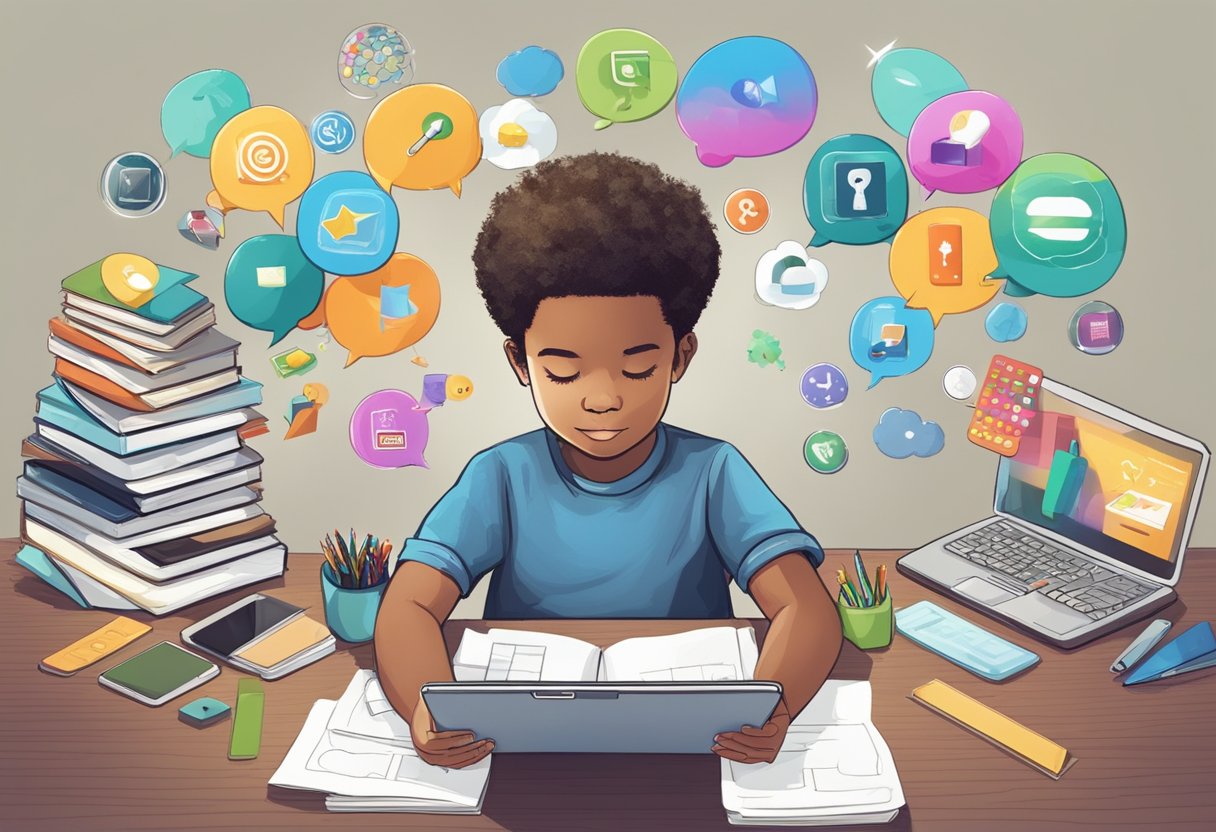 Evaluating Free vs. Paid Educational Apps: Deciding the Best Option for Your Child's Learning Educational App LearningMole A child sits at a desk with a tablet in hand, surrounded by various educational apps. A thought bubble above the child's head shows a comparison between free and paid apps