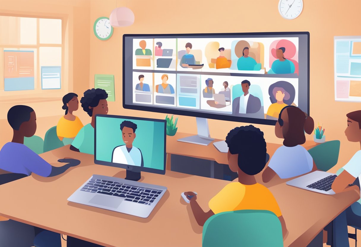 Using Online Collaboration Tools to Support Special Needs Education ONLINE COLLABORATION, Education LearningMole A computer screen shows a virtual classroom with diverse students and a teacher using online collaboration tools for special needs education