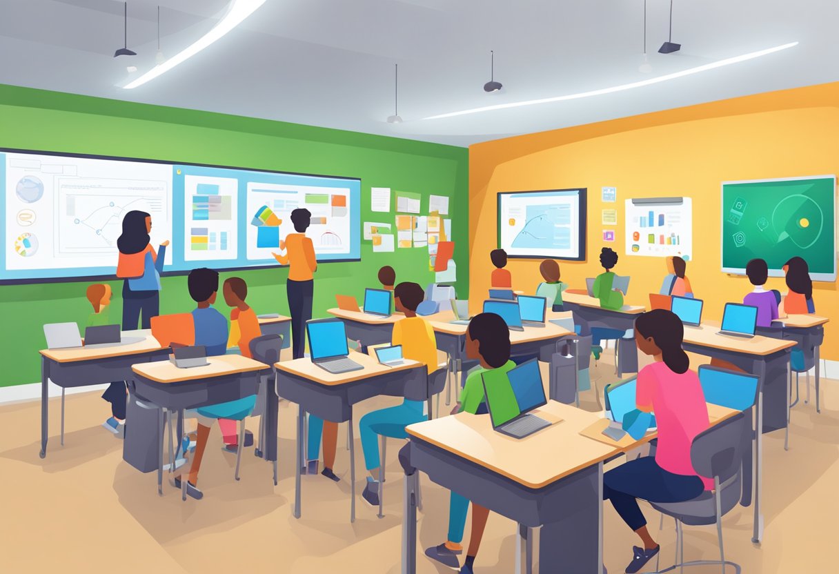 Innovative Ways to Use Collaboration Tools in Elementary Education Collaboration Tool, elementary education, collaboration LearningMole A classroom with colorful collaboration tools on display, including interactive whiteboards, tablets, and laptops. Students and teachers engage in group projects and digital activities, fostering a dynamic learning environment