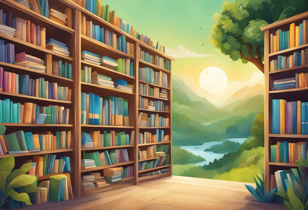 A colorful bookshelf filled with diverse books on sustainability and storytelling, surrounded by nature-themed artwork and posters, creating an inspiring and educational environment