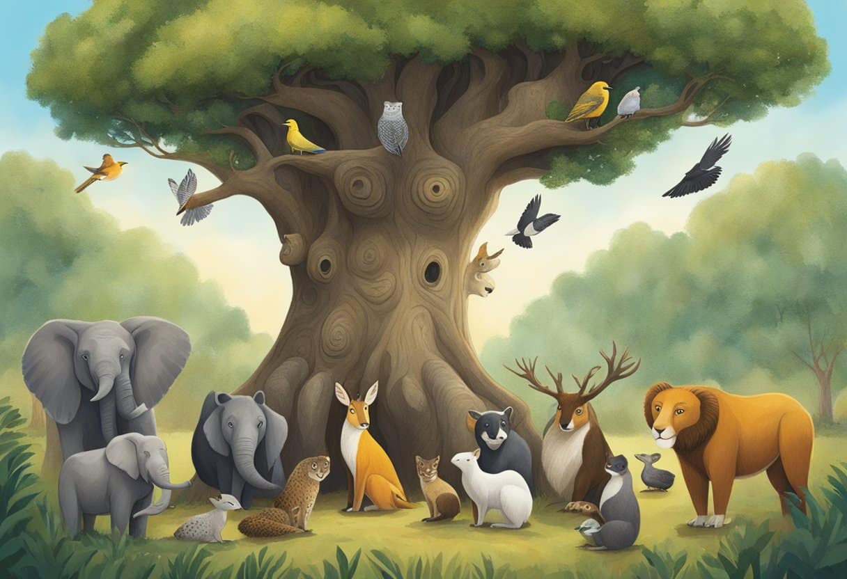 A diverse group of animals gather around a wise old tree, listening intently as it shares stories of sustainability and environmental stewardship through vivid storytelling and literature