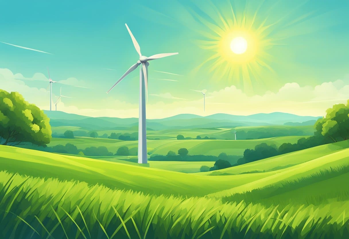 A wind turbine stands tall in a field, its blades spinning in the wind. The sun is shining, and the surrounding landscape is green and vibrant