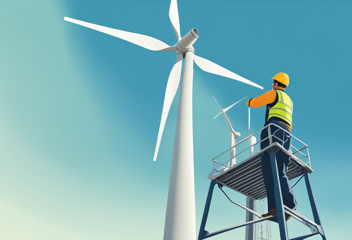 A wind turbine stands tall against a clear blue sky, its blades rotating gracefully in the wind. A person is seen performing maintenance on the turbine, ensuring its safe and efficient operation