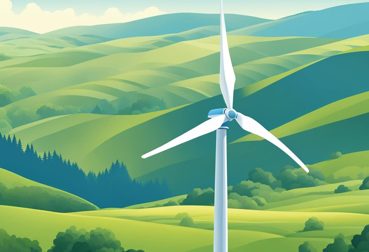 A DIY wind turbine stands tall against a backdrop of rolling hills and a clear blue sky. The turbine blades spin gracefully in the wind, harnessing renewable energy to power nearby homes and businesses