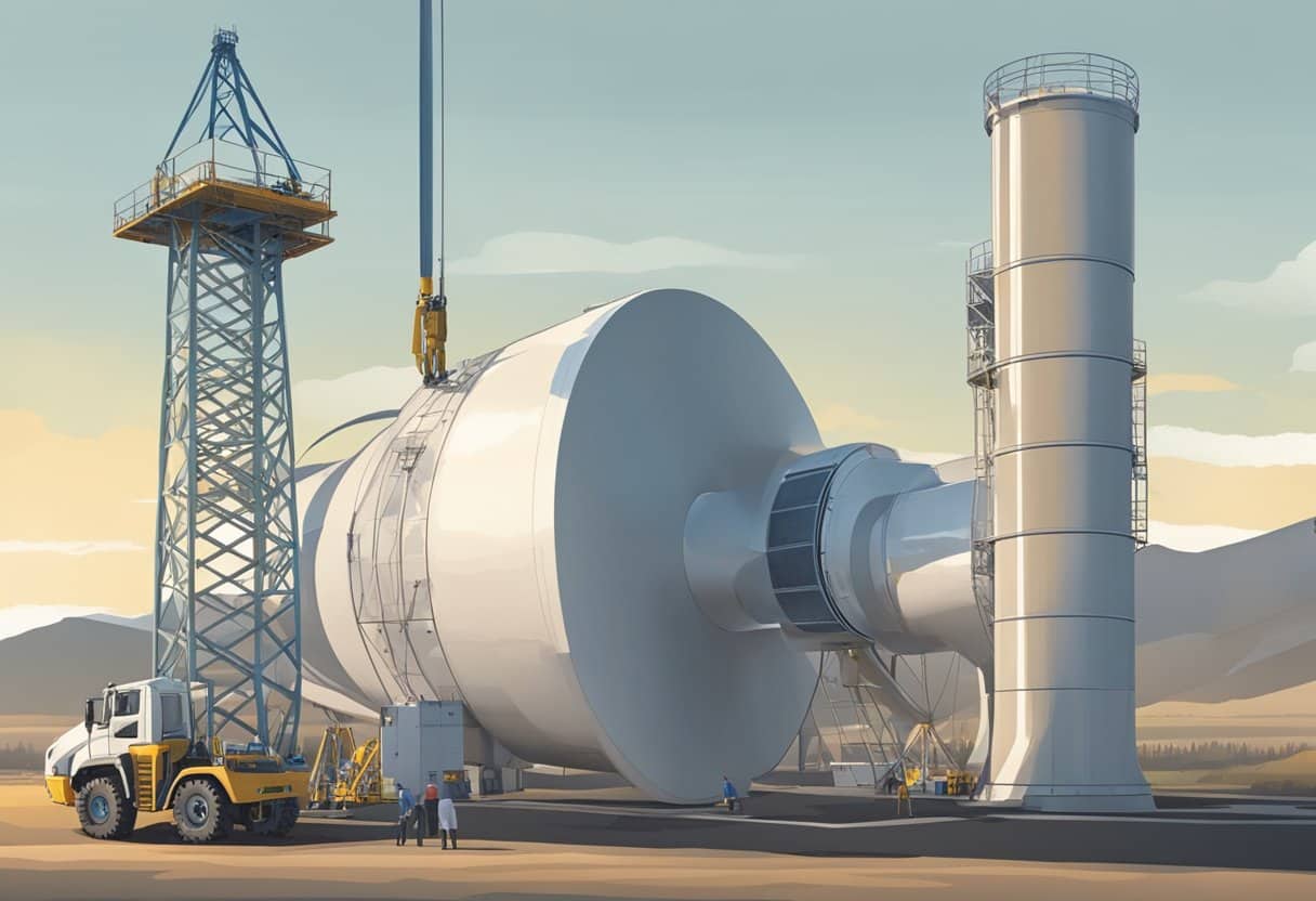 The turbine blades are being assembled onto the rotor hub, with the generator and tail vane nearby. The base and tower are already in place, ready to support the finished wind turbine