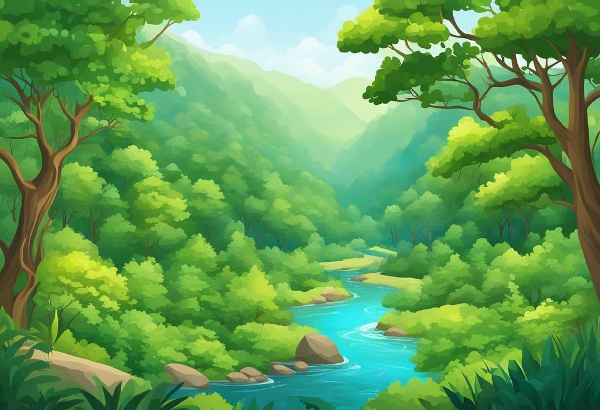 Lush green forest with diverse wildlife, flowing rivers, and clear skies. A balance of natural elements coexisting harmoniously
