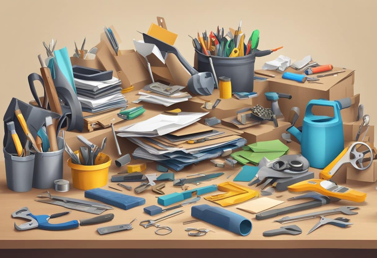 A pile of discarded materials being transformed into useful items through upcycling. Various tools and materials scattered around a work area
